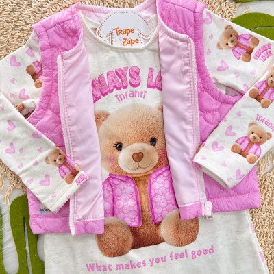 Conj. Colete Puffer Corações  e Vestido Ursinha Always Love - Rosa e Areia